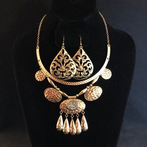 Gold Tone Boho Statement Bib Necklace Hammered Drusy Quartz Oxidized +Earrings
